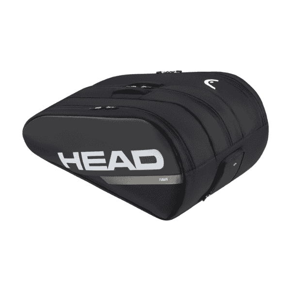 HEAD Tour Racquet Tennis Bag XL BKWH in black and white, spacious tennis bag with multiple compartments, durable construction, and comfortable shoulder straps for carrying racquets and gear.