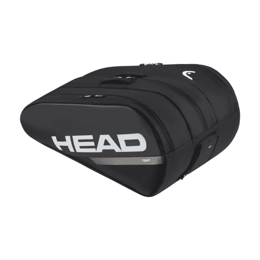 HEAD Tour Racquet Tennis Bag XL BKWH in black and white, spacious tennis bag with multiple compartments, durable construction, and comfortable shoulder straps for carrying racquets and gear.
