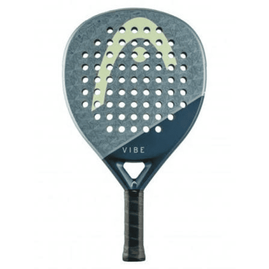 HEAD Vibe 2026 padel racket featuring a gray patterned round head with a lime green HEAD logo, navy blue frame, black grip, and a perforated fiberglass hitting surface for beginner to intermediate players