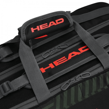 Close-up of a black sports bag with 'HEAD' branding on a white background