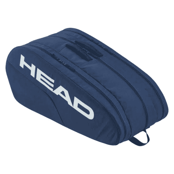 Head Base Racquet Bag L NV in navy blue, spacious tennis racquet bag with multiple compartments, durable construction, and adjustable shoulder straps for easy carrying.