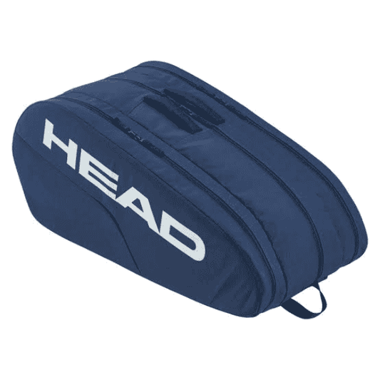Head Base Racquet Bag L NV in navy blue, spacious tennis racquet bag with multiple compartments, durable construction, and adjustable shoulder straps for easy carrying.