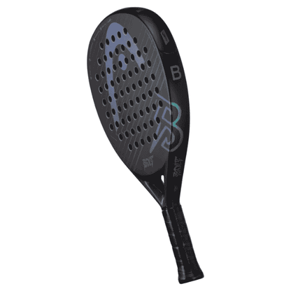 Black paddle racket with brand logo on a white background
