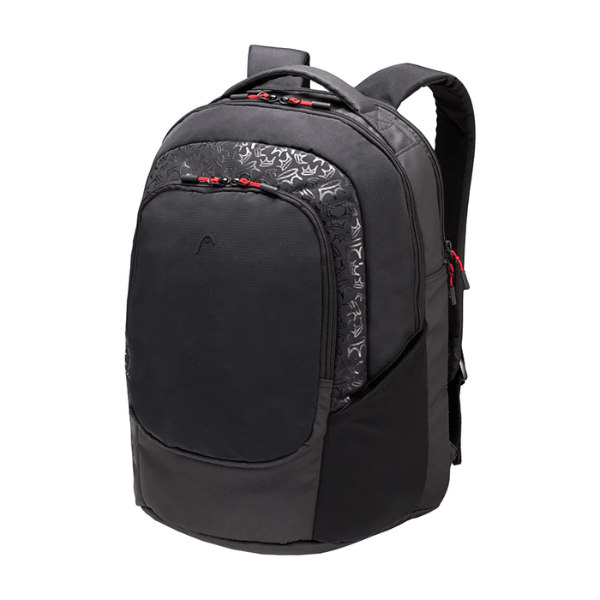 Black backpack with patterned side panel on a white background
