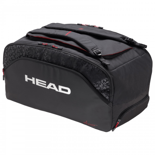 Black duffel bag with 'HEAD' branding on a white background