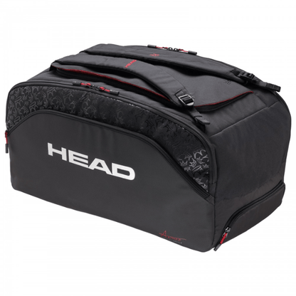 Black duffel bag with 'HEAD' branding on a white background
