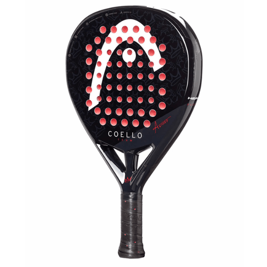 Padel racket with red and white design on a black background