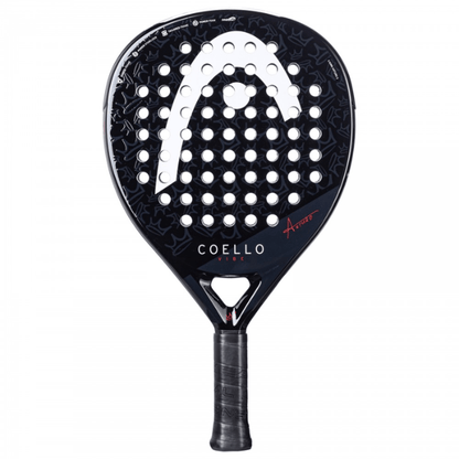 Black and white racket with visible brand logo on a white background