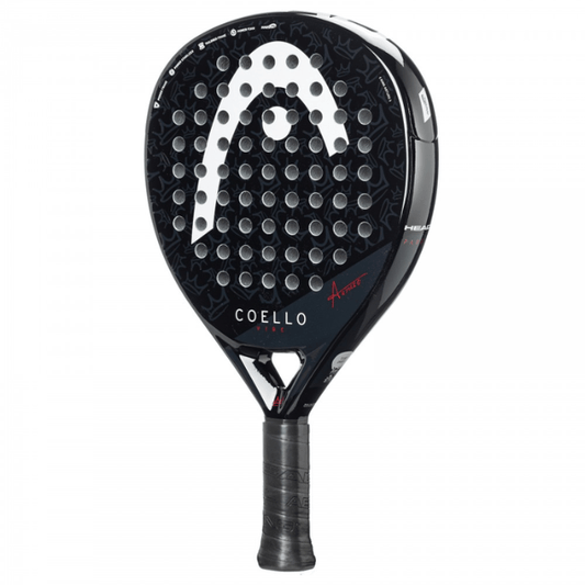 Black and silver tennis racket with visible branding on a white background