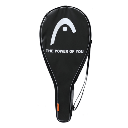Black tennis racket cover with 'The Power of You' text and logo on a white background