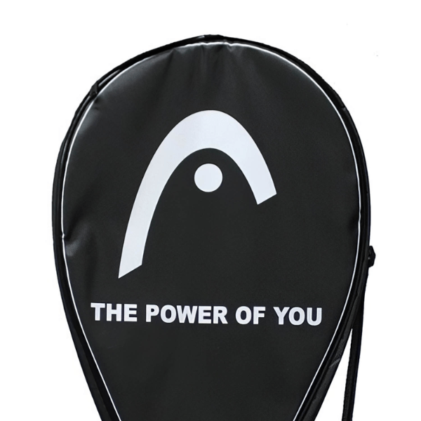 Black tennis racket cover with white logo and text on a white background