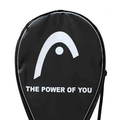 Black tennis racket cover with white logo and text on a white background