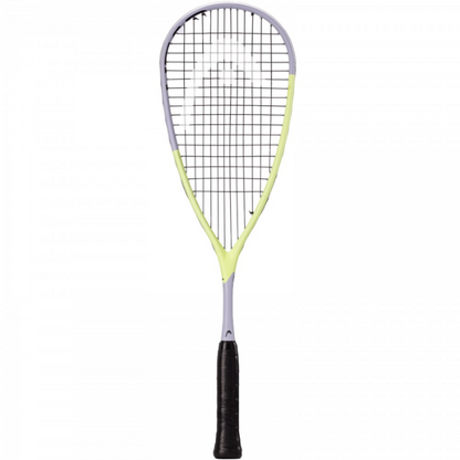 Squash racket with a yellow shaft and black handle on a white background