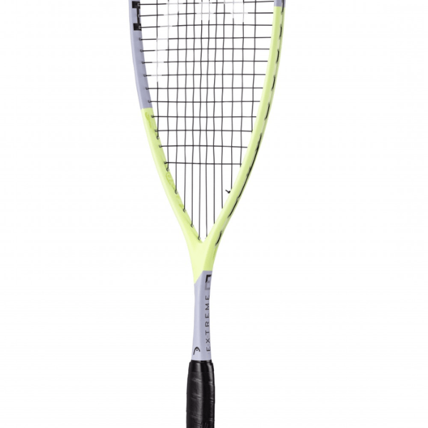 Squash racket with a white and black handle on a white background
