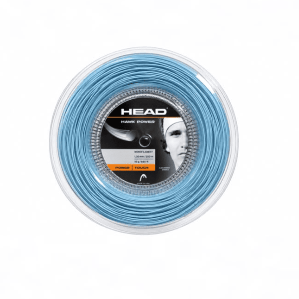 HEAD Hawk Power tennis string reel in light blue, 1.30 mm diameter and 200 m length, featuring a monofilament construction and Alexander Zverev branding.