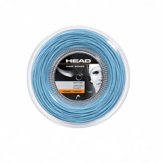 HEAD Hawk Power tennis string reel in light blue, 1.30 mm diameter and 200 m length, featuring a monofilament construction and Alexander Zverev branding.