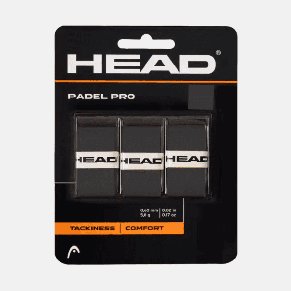Head Padel Pro overgrip packaging featuring three black grips with a white HEAD logo, labeled “Tackiness | Comfort,” 0.60 mm thickness and 5.0 g weight.