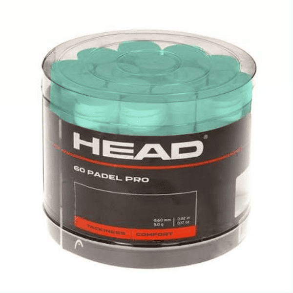 HEAD 60 Padel Pro overgrips in a transparent container with a turquoise lid, featuring turquoise grips designed for enhanced tackiness and comfort.