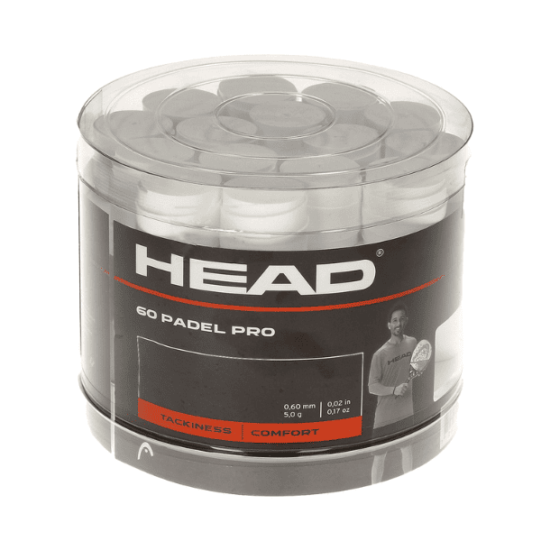 HEAD 60 Padel Pro overgrips in a transparent container, featuring white grips designed for tackiness and comfort.