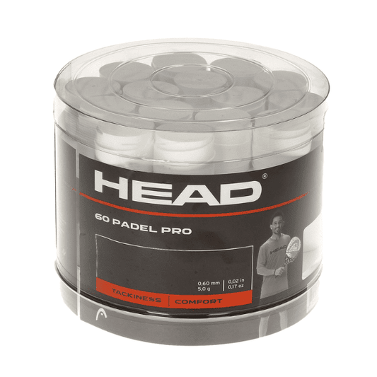 HEAD 60 Padel Pro overgrips in a transparent container, featuring white grips designed for tackiness and comfort.