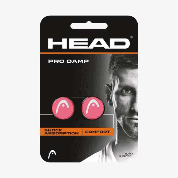HEAD Pro Damp packaging with pink dampeners and a player's face on a white background