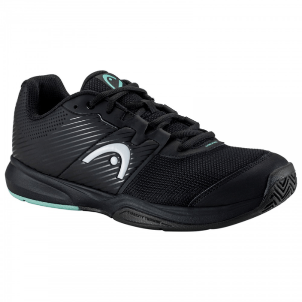 Black athletic shoe with a brand logo on a white background