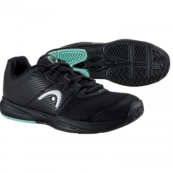 Black sports shoes with a visible brand logo on a white background