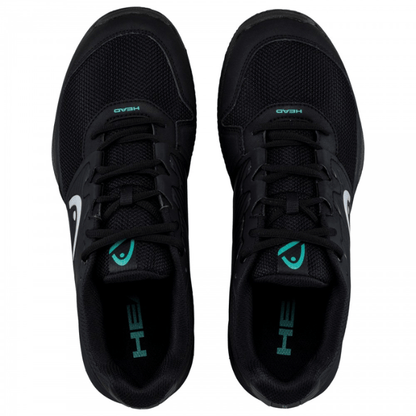 Black running shoes with teal accents on a white background