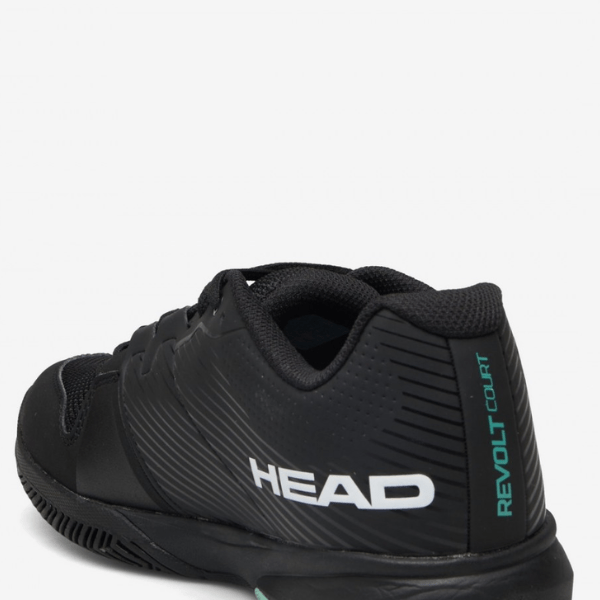 Black tennis shoe with 'HEAD' branding on a white background