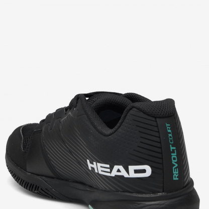 Black tennis shoe with 'HEAD' branding on a white background