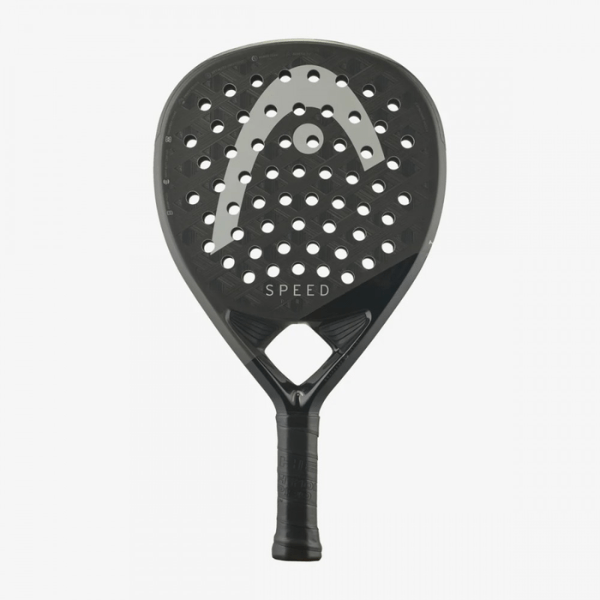 Black and gray racket with 'HEAD' logo on a white background