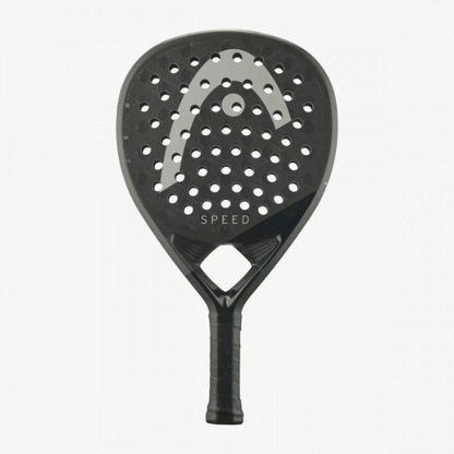 Black and gray racket with 'HEAD' logo on a white background
