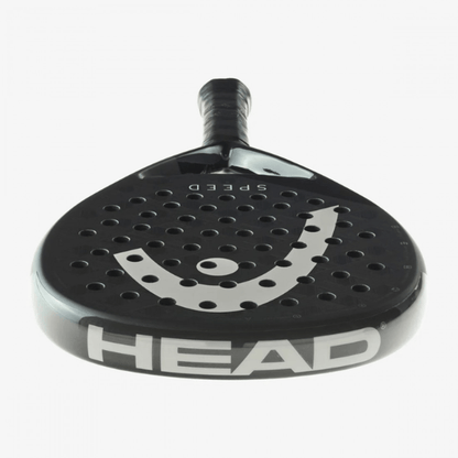 Black and gray tennis racket head with 'HEAD' branding on a white background