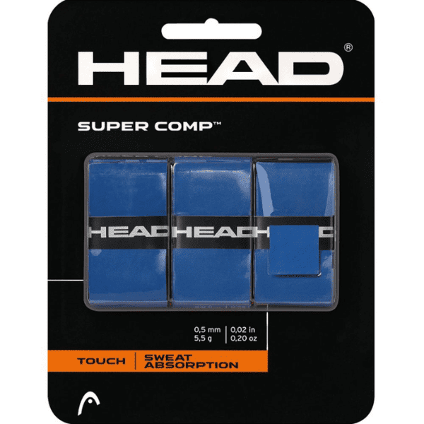 Head Super Comp Tennis Overgrip Blue – blue tennis overgrip roll with cushioned, non-slip surface for enhanced grip, comfort, and sweat absorption.