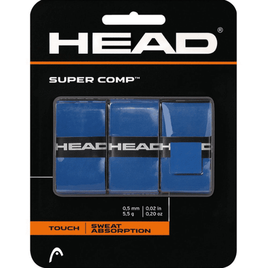Head Super Comp Tennis Overgrip Blue – blue tennis overgrip roll with cushioned, non-slip surface for enhanced grip, comfort, and sweat absorption.