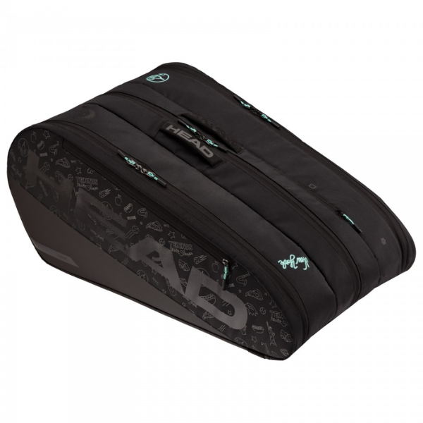 Black tennis racket bag with visible branding on a white background