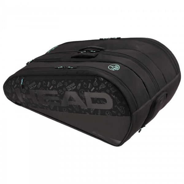 Black tennis bag with visible 'HEAD' branding on a white background