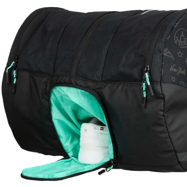 Black duffel bag with teal interior and accents, featuring a brand logo.