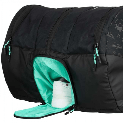Black duffel bag with teal interior and accents, featuring a brand logo.