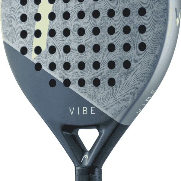 Close-up of a gray and black Vibe paddle with a white background