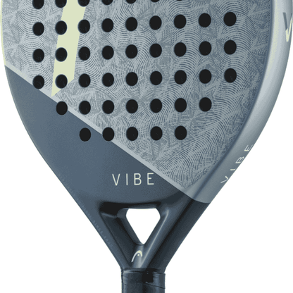 Close-up of a gray and black Vibe paddle with a white background