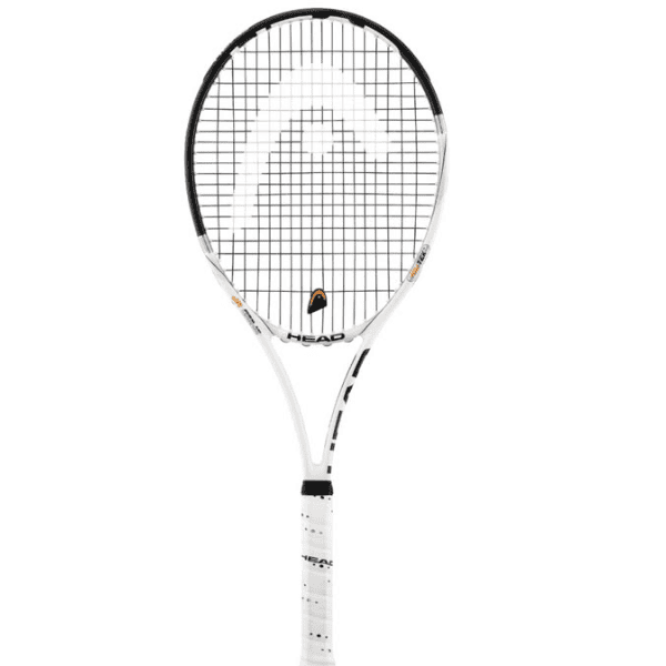 Head YouTek Speed MP tennis racket with 18x20 string pattern, white frame, black strings, orange accents, and white grip.