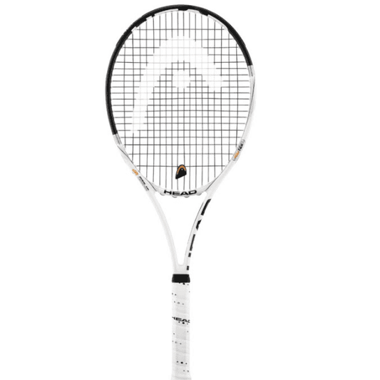 Head YouTek Speed MP tennis racket with 18x20 string pattern, white frame, black strings, orange accents, and white grip.
