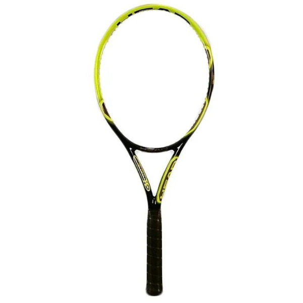 Tennis racket with yellow and black design on a white background