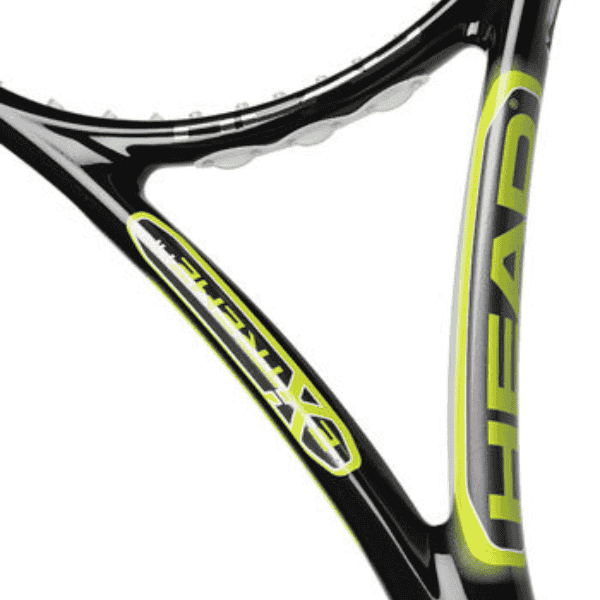 Close-up of a tennis racket with 'HEAD' branding on a white background