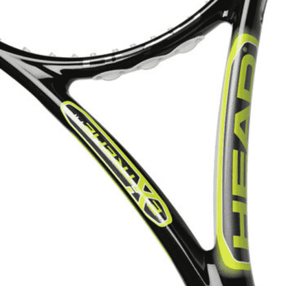 Close-up of a tennis racket with 'HEAD' branding on a white background