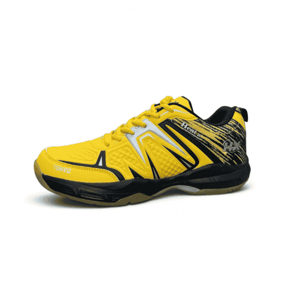 Heat X indoor court shoe in yellow color with non-marking sole on a white background.