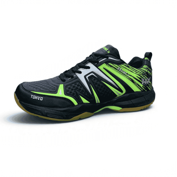 Heat X Tokyo black and neon green indoor court shoe on a white background.
