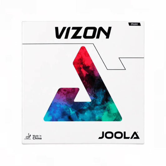 JOOLA VIZON Max table tennis rubber in white retail packaging with a colorful geometric design, ITTF approved, offering high spin, speed, and control for offensive and all-round players.