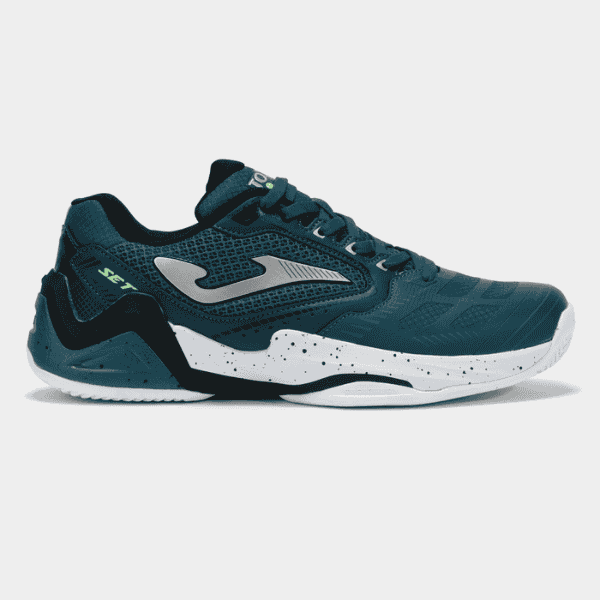 Teal athletic shoe with black and white accents on a light gray background